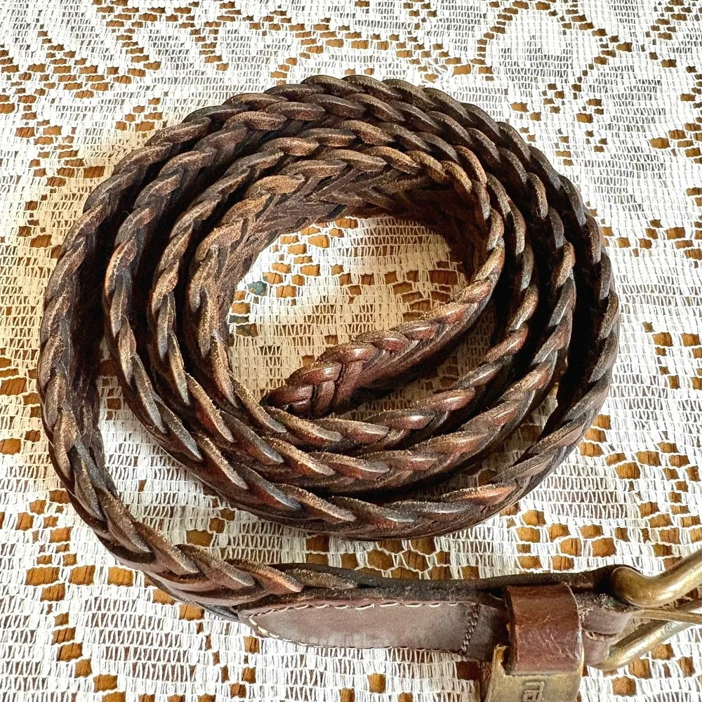Vintage Nautica Braided Leather Belt Men's 42 Brown Mahogany Woven Brass Buckle